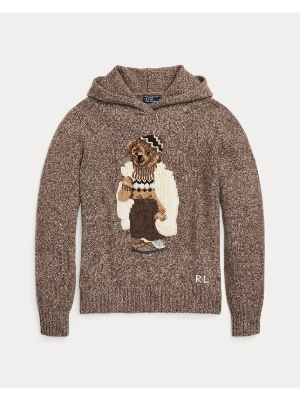 NWT Polo Ralph Lauren Women's Polo Bear in Brown Multi Wool-Blend Knit Hoodie L - Picture 2 of 9